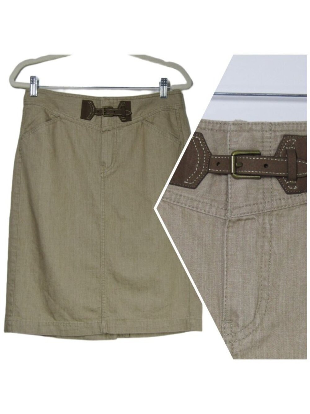 LAUREN RALPH LAUREN Leather Buckle Utility Khaki Tan Pencil Skirt Preppy 6